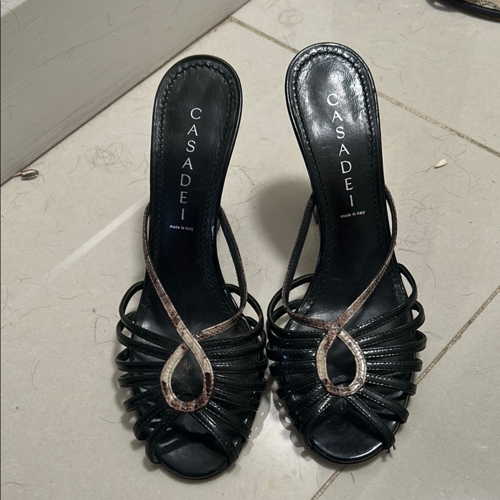 Casadei Black and Gold Strappy Heels